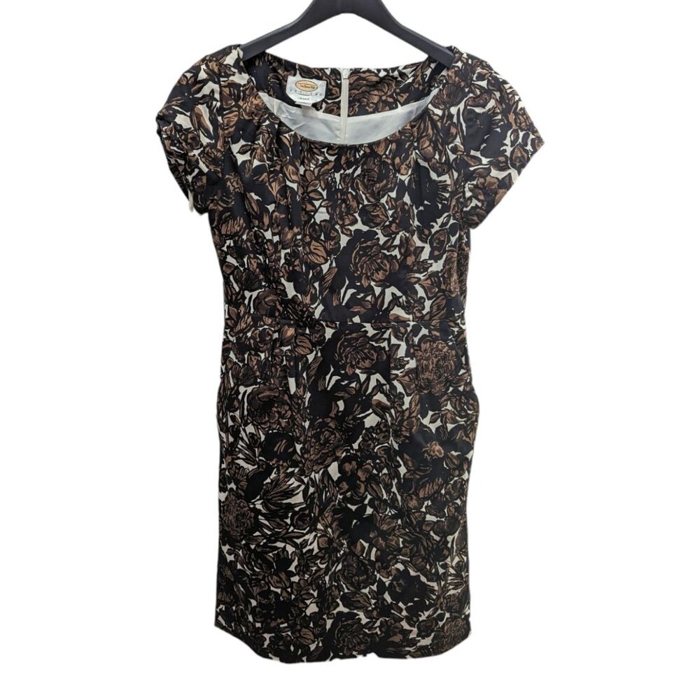 Talbots Petites Brown Black Floral Sheath Mini Dress Stretch Cap Sleeve Size 4P